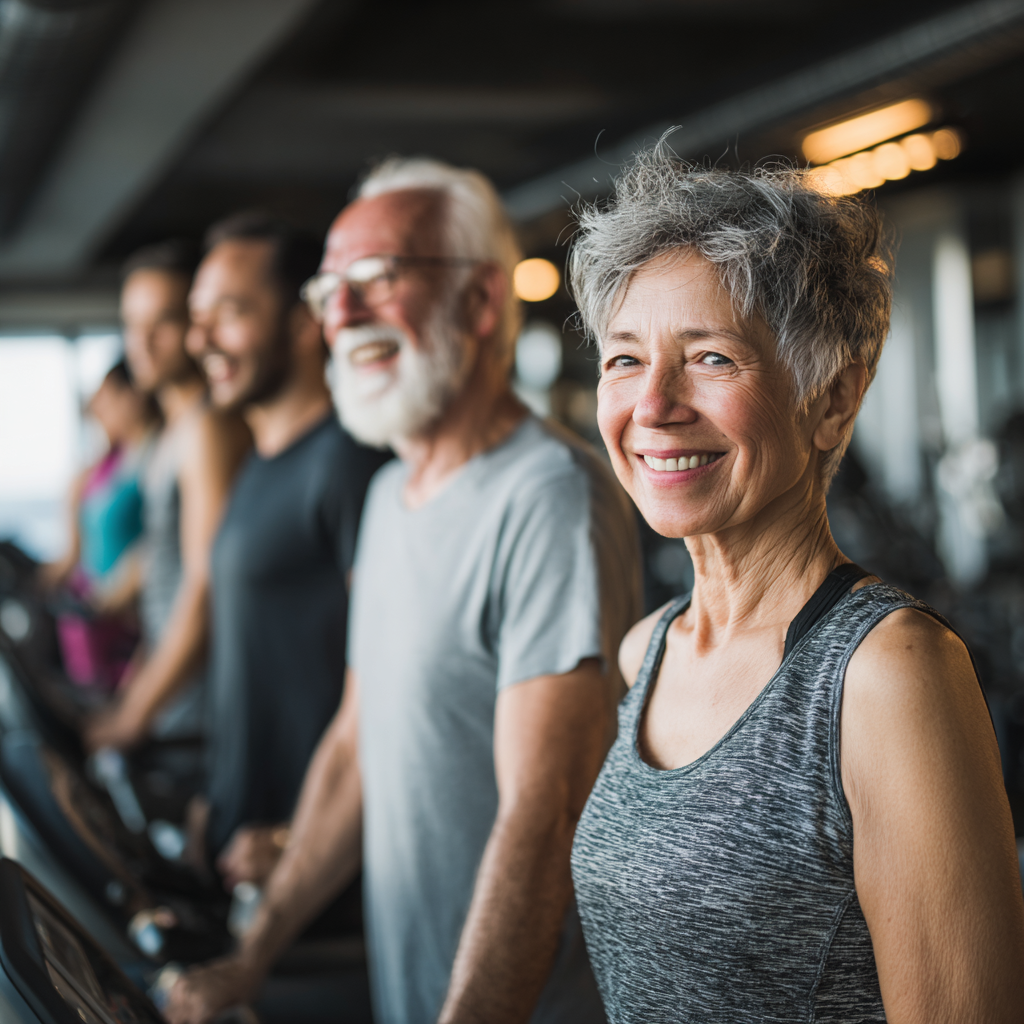 Mature adults engaging in diverse fitness activities at modern gym facility