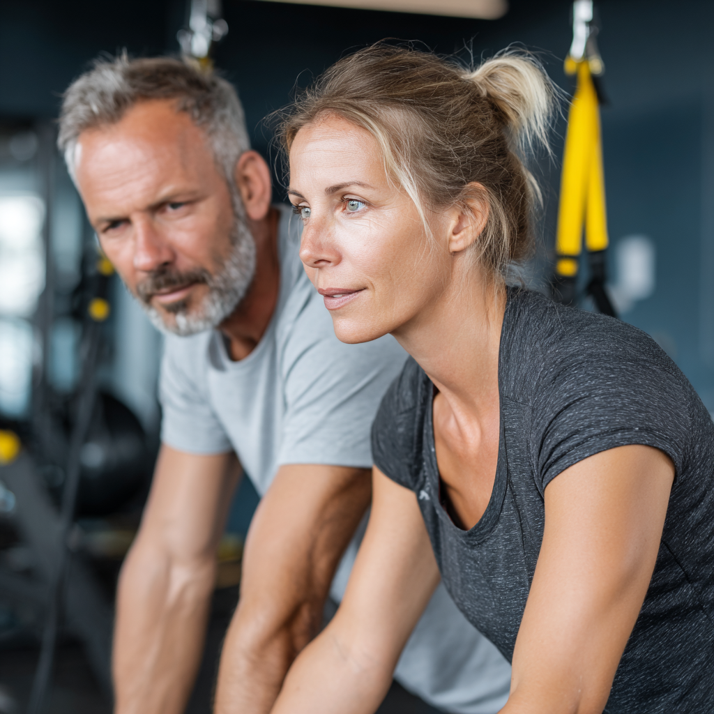 Professional fitness coaches working with middle-aged clients in supportive environment